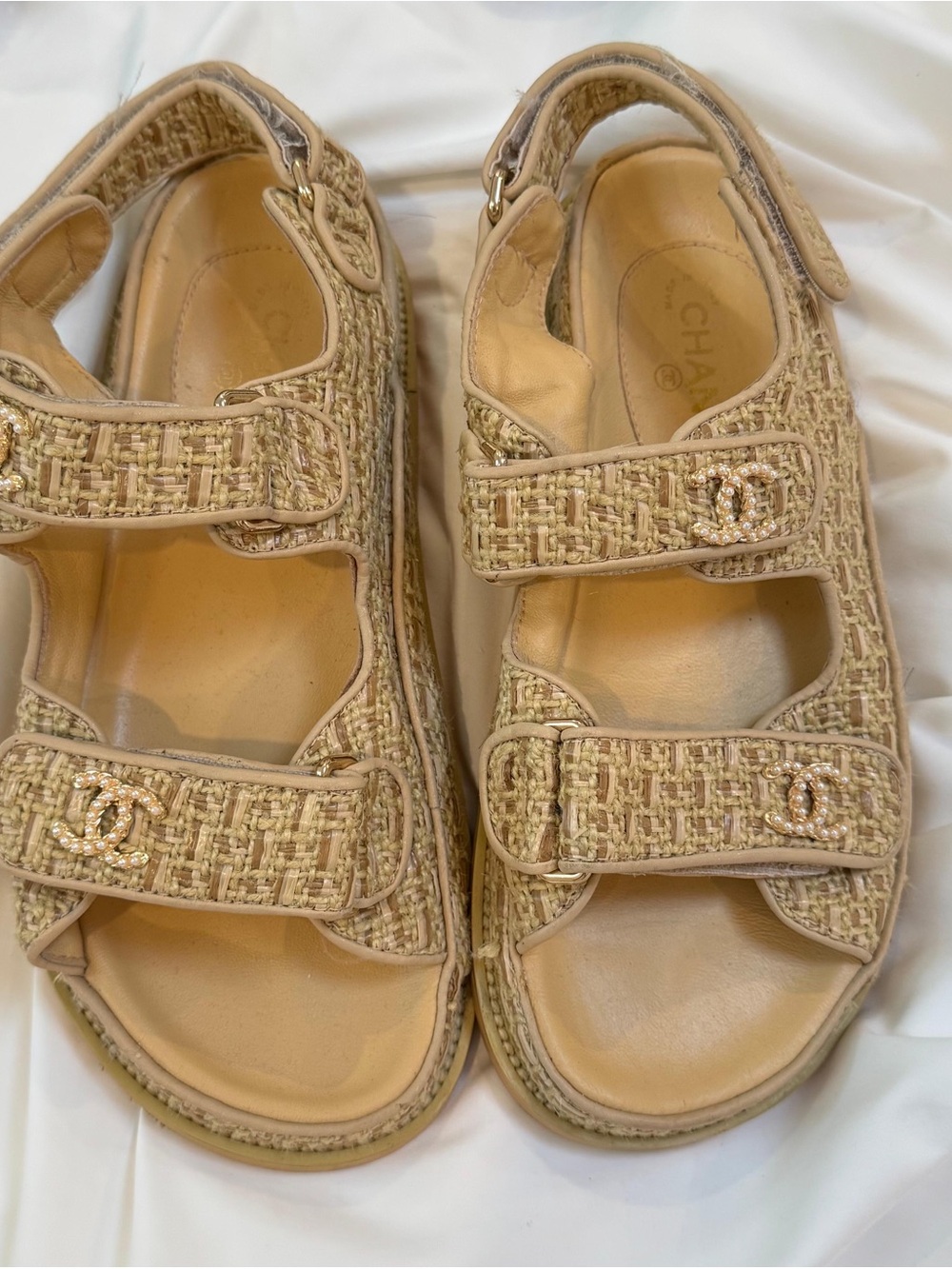 CHANEL Beige Tweed Strappy Sandals with Crystal CC
